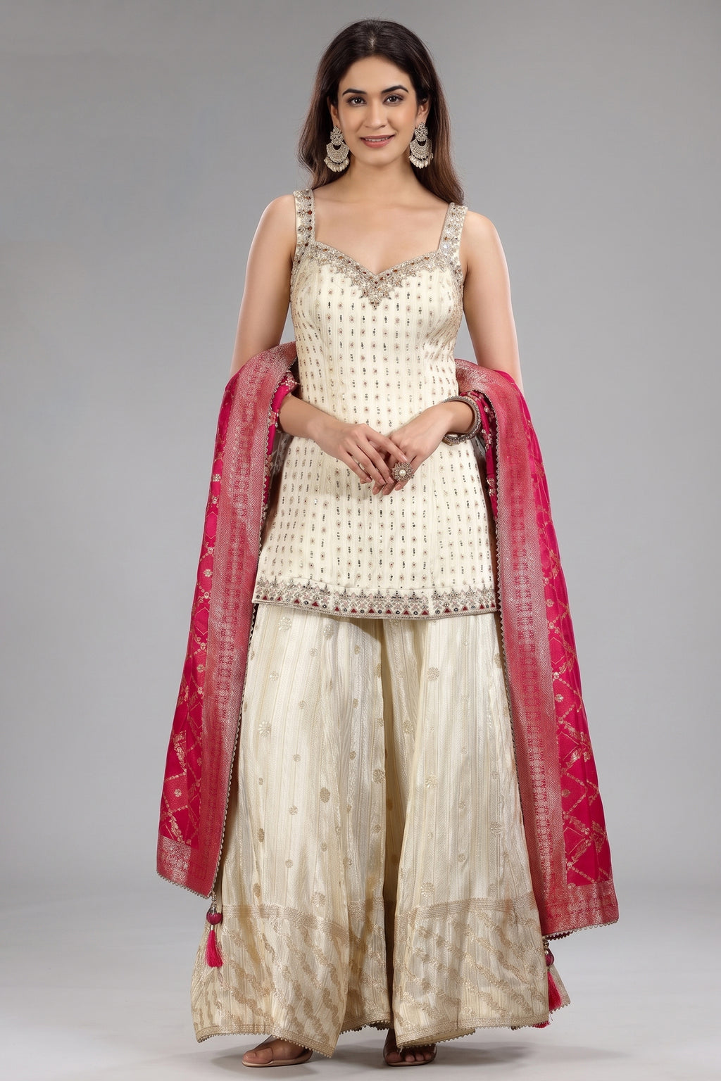 Off White Silk Mirror Worked Palazzo Set