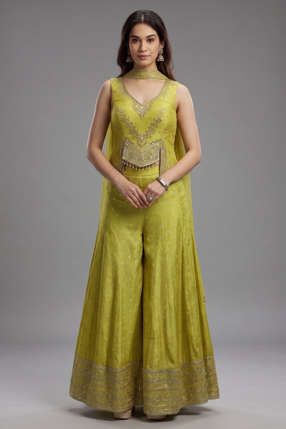 Parrot Green Silk Sequin Mirror Worked Palazzo Set