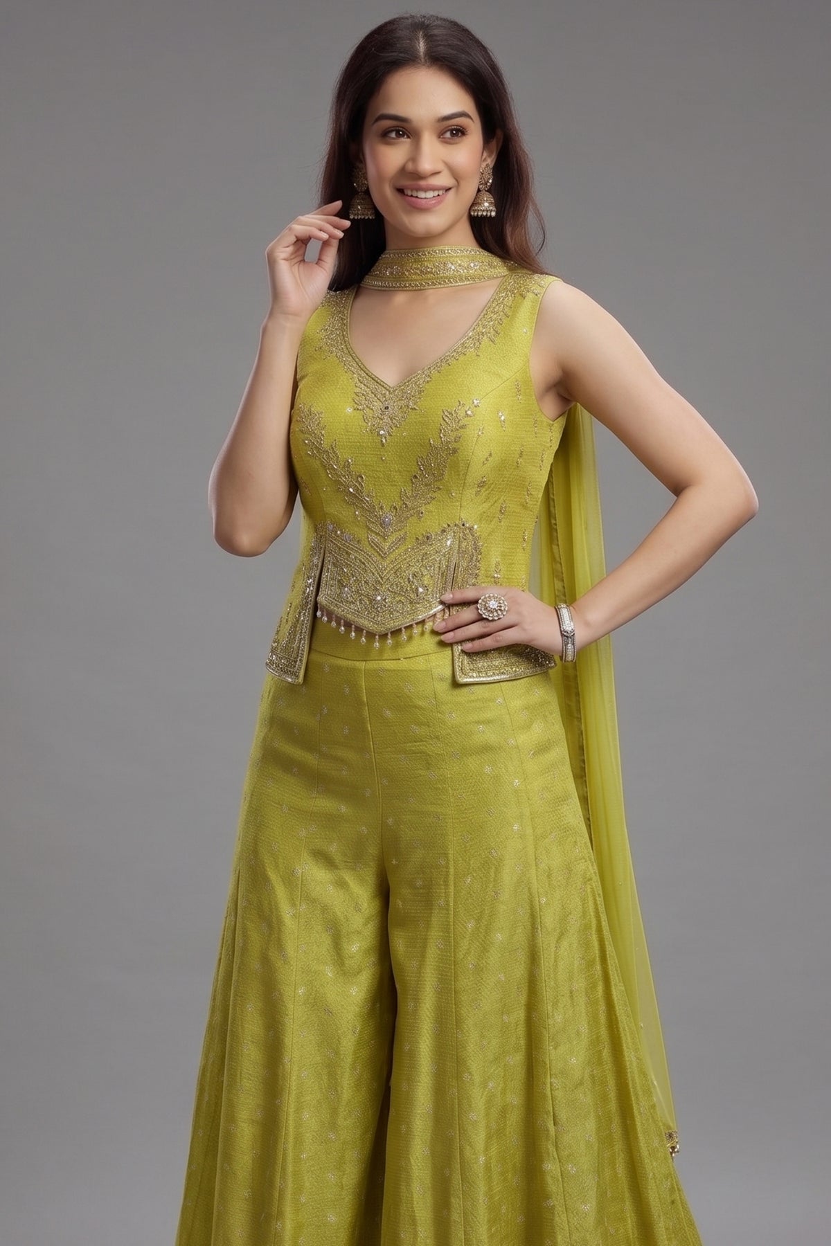 Parrot Green Silk Sequin Mirror Worked Palazzo Set