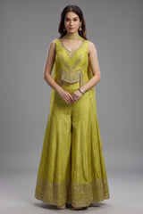 Parrot Green Silk Sequin Mirror Worked Palazzo Set