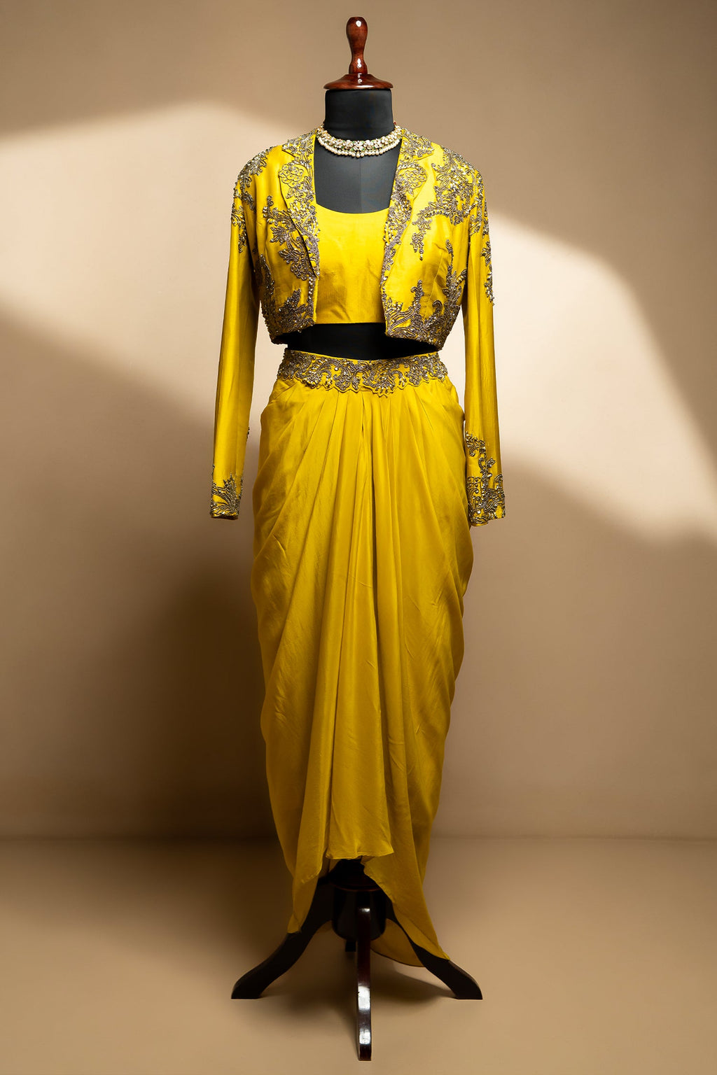 Yellow Organza Beaded Crop Top Skirt Set with Full Sleeved Short Jacket
