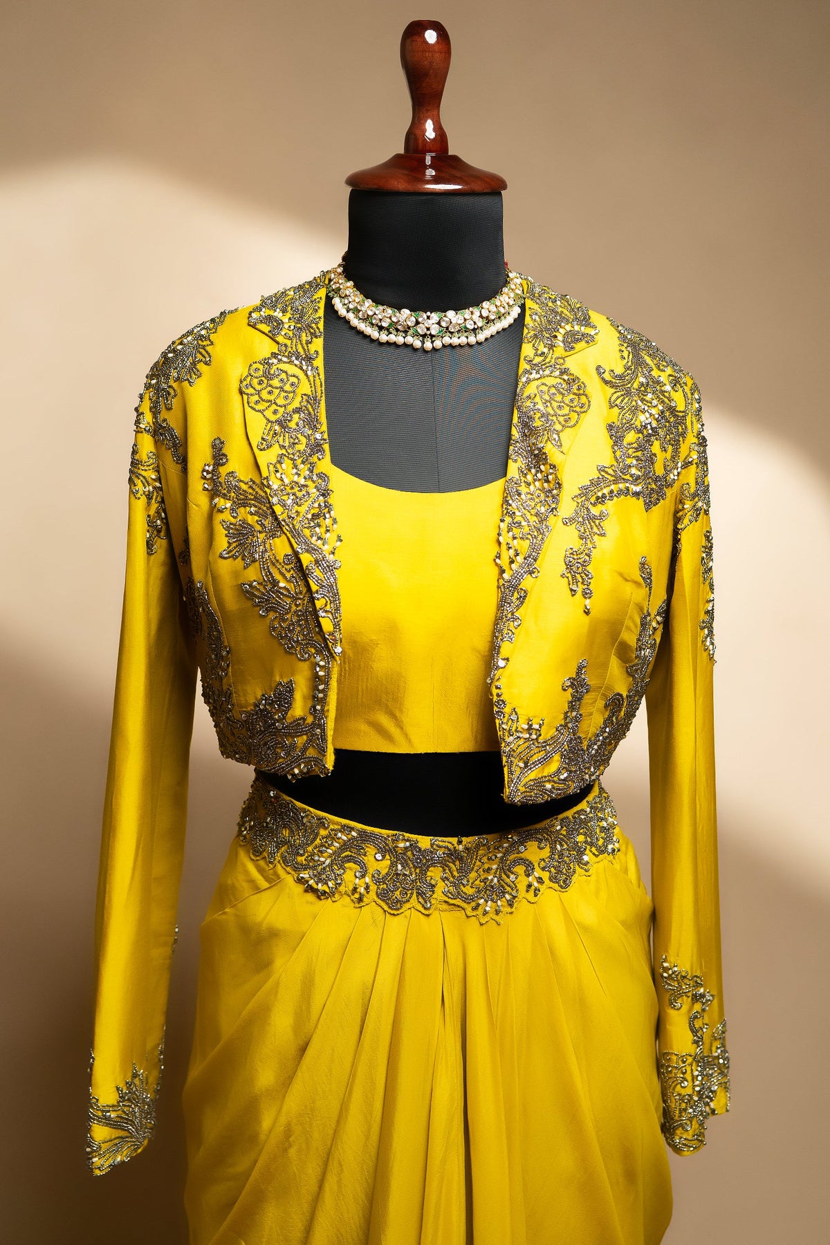 Yellow Organza Beaded Crop Top Skirt Set with Full Sleeved Short Jacket