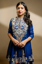 Blue Organza Handworked Bodice Asymmetrical Skirt Set