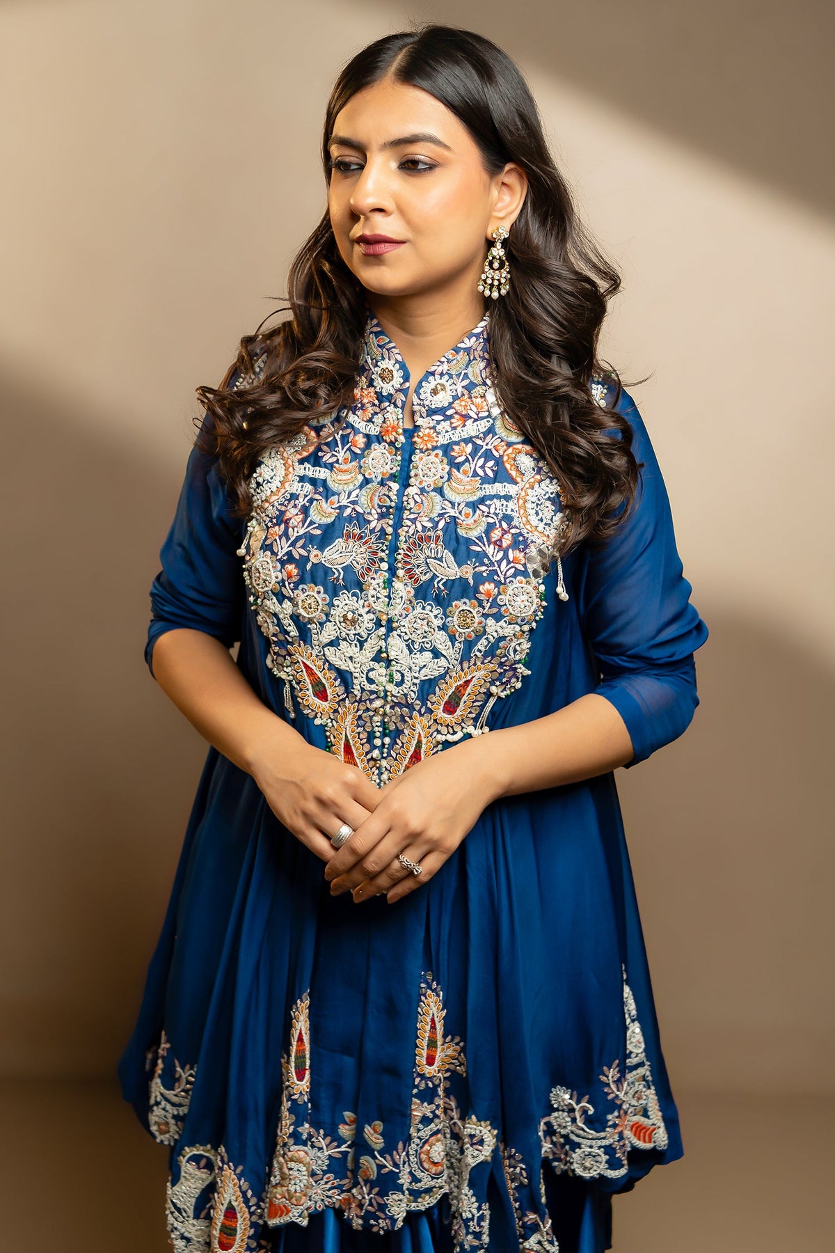 Blue Organza Handworked Bodice Asymmetrical Skirt Set