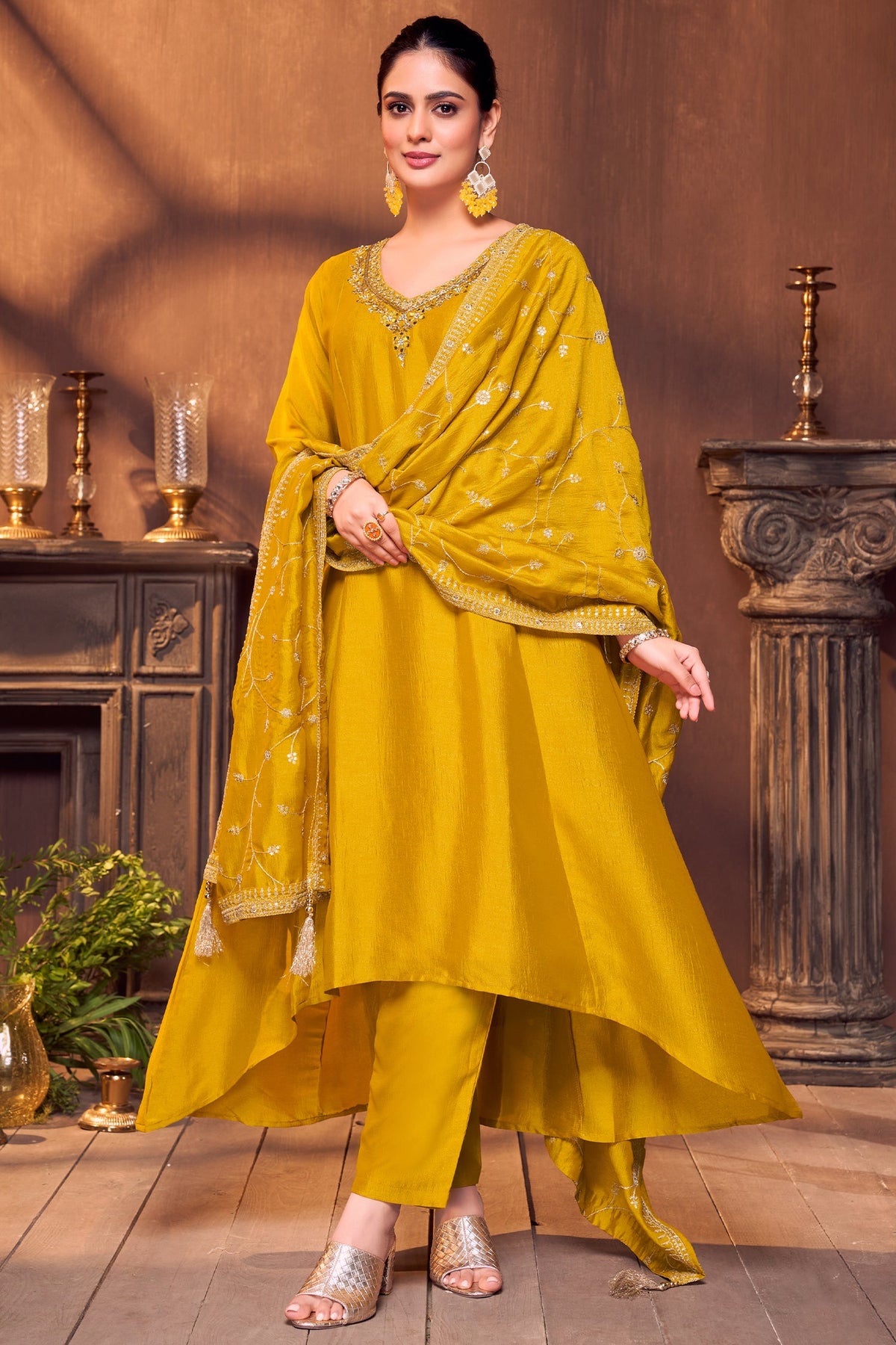 Mustard Art Silk Mirror and Sequin Worked Suit