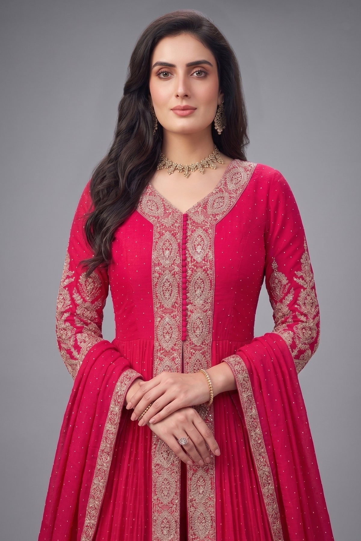 Pink Chinon Georgette Embroidered Slit Cut Palazzo Suit