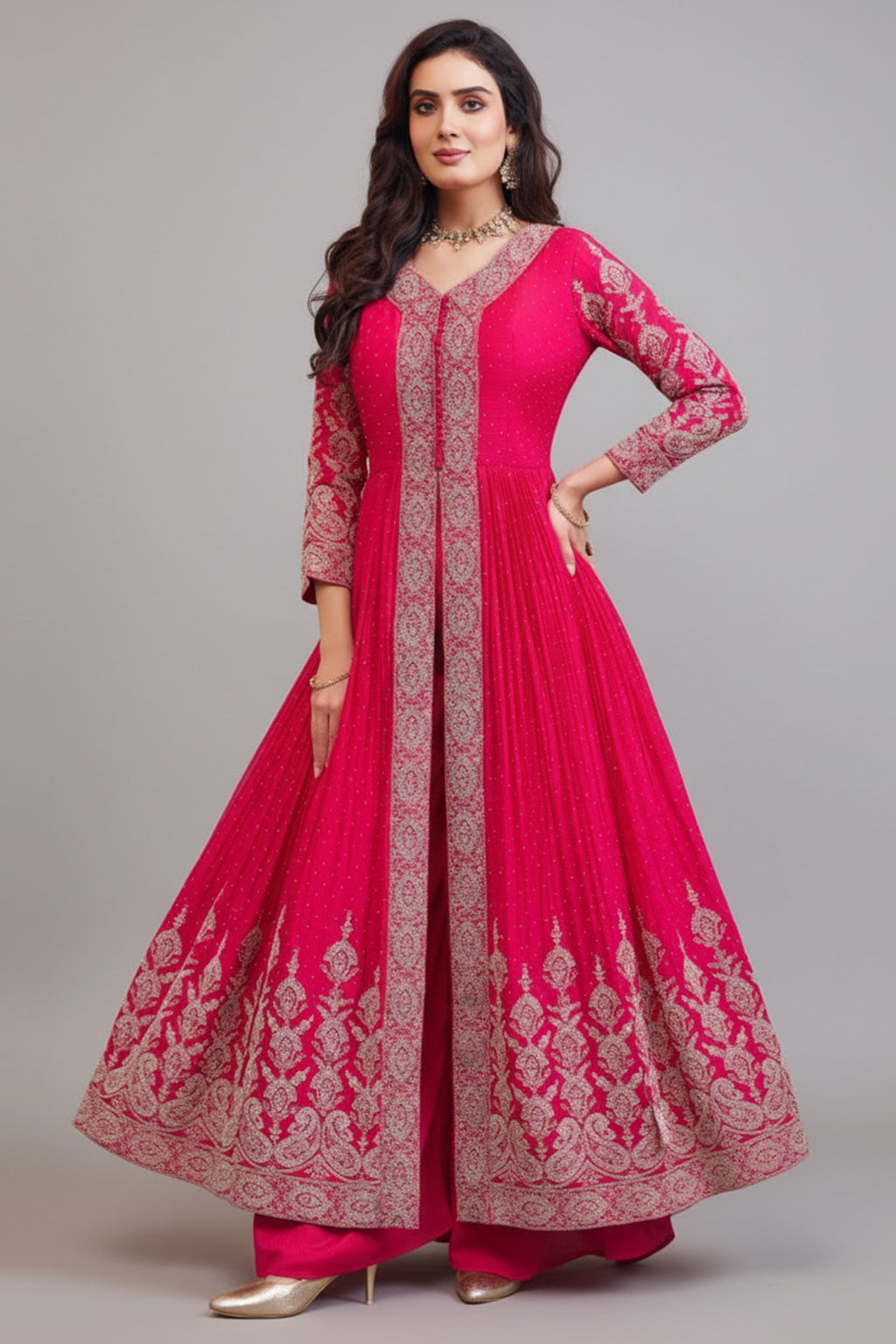 Pink Chinon Georgette Embroidered Slit Cut Palazzo Suit