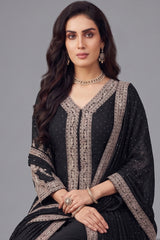 Black Chinon Georgette Embroidered Slit Cut Palazzo Suit