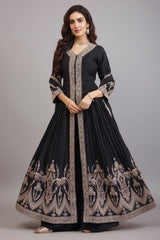 Black Chinon Georgette Embroidered Slit Cut Palazzo Suit