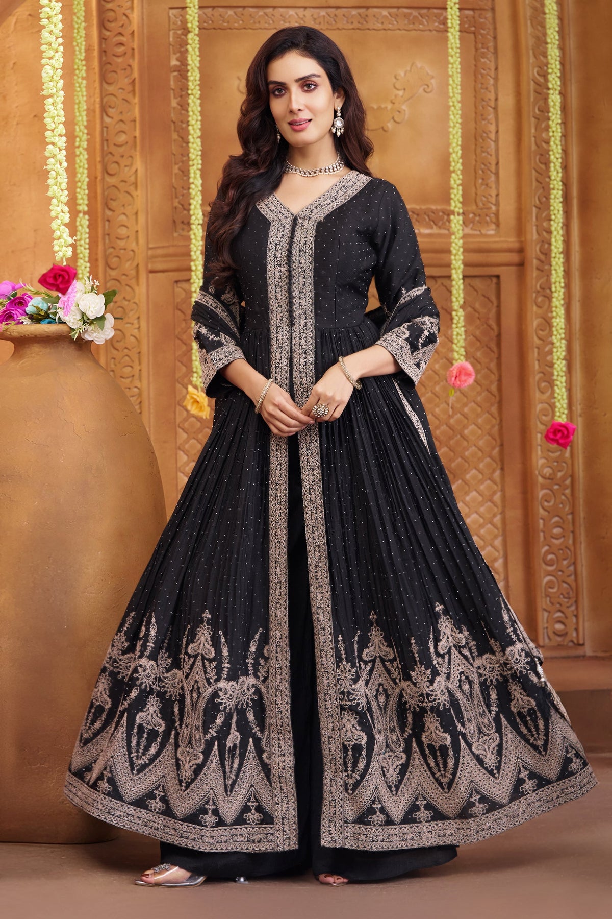 Black Chinon Georgette Embroidered Slit Cut Palazzo Suit