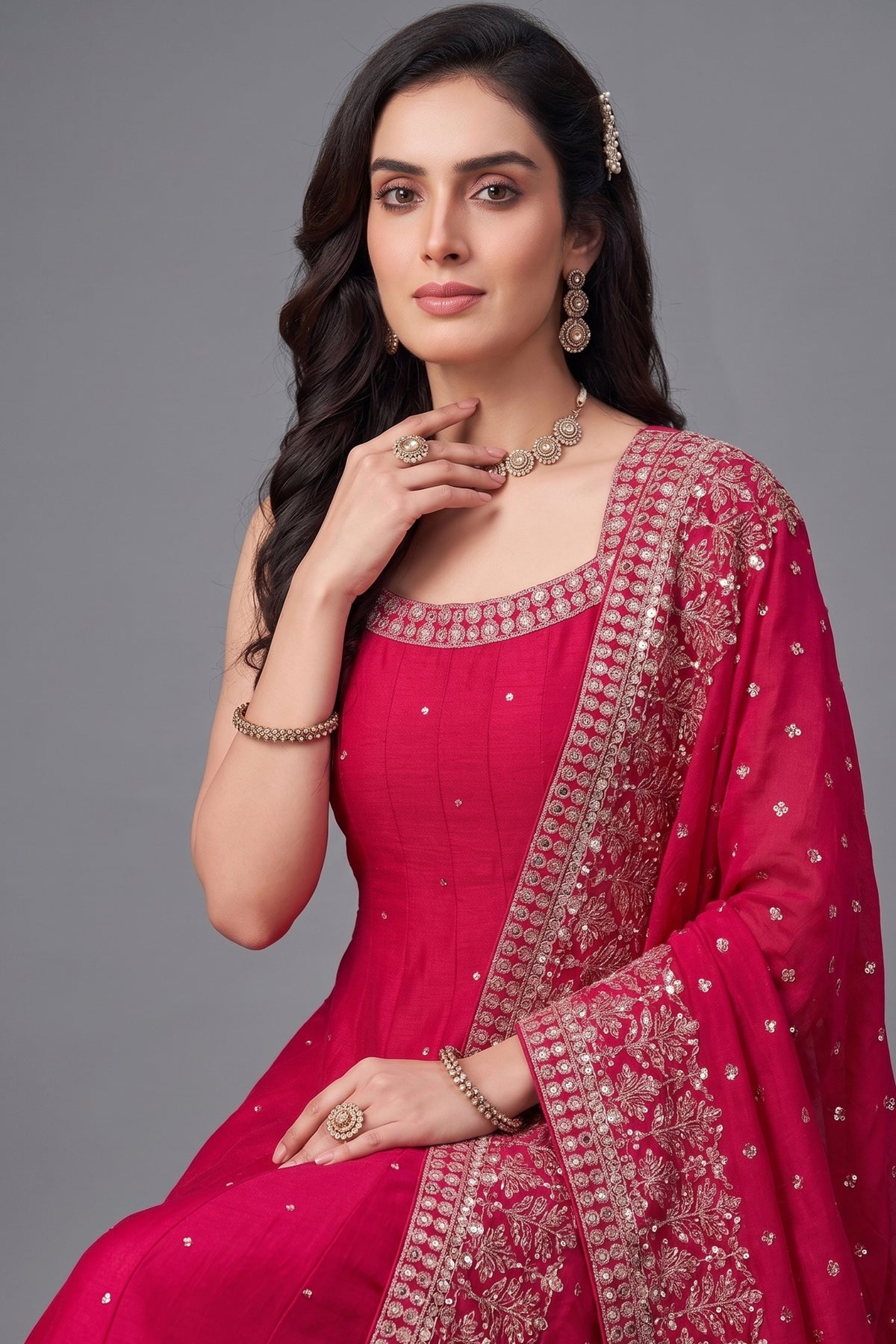 Pink Art Silk Sequin Embroidered Suit