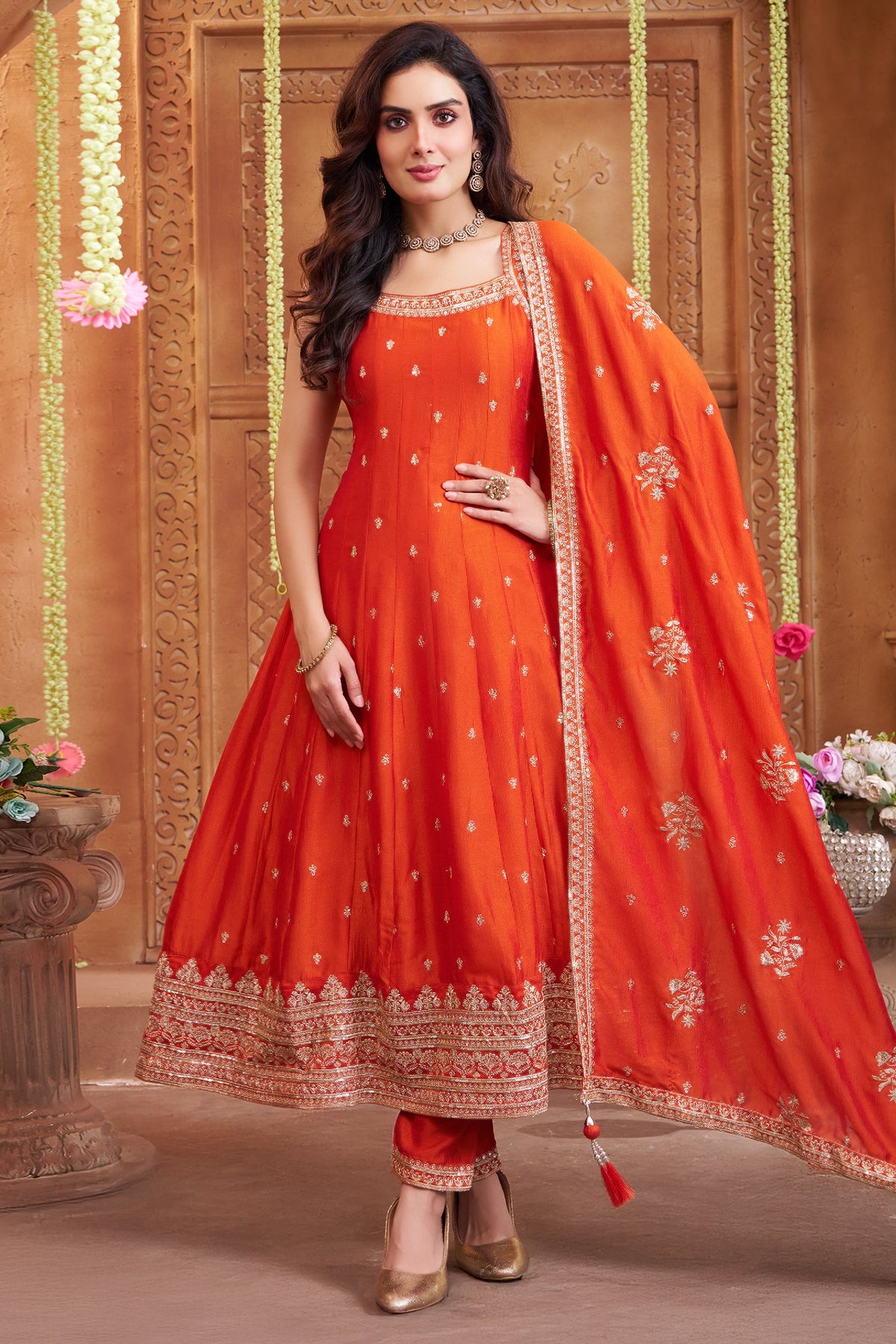 Orange Art Silk Sequin Embroidered Suit