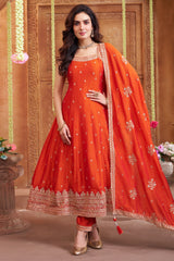 Orange Art Silk Sequin Embroidered Suit