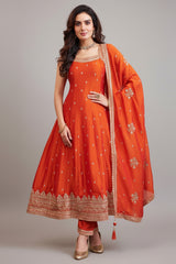 Orange Art Silk Sequin Embroidered Suit