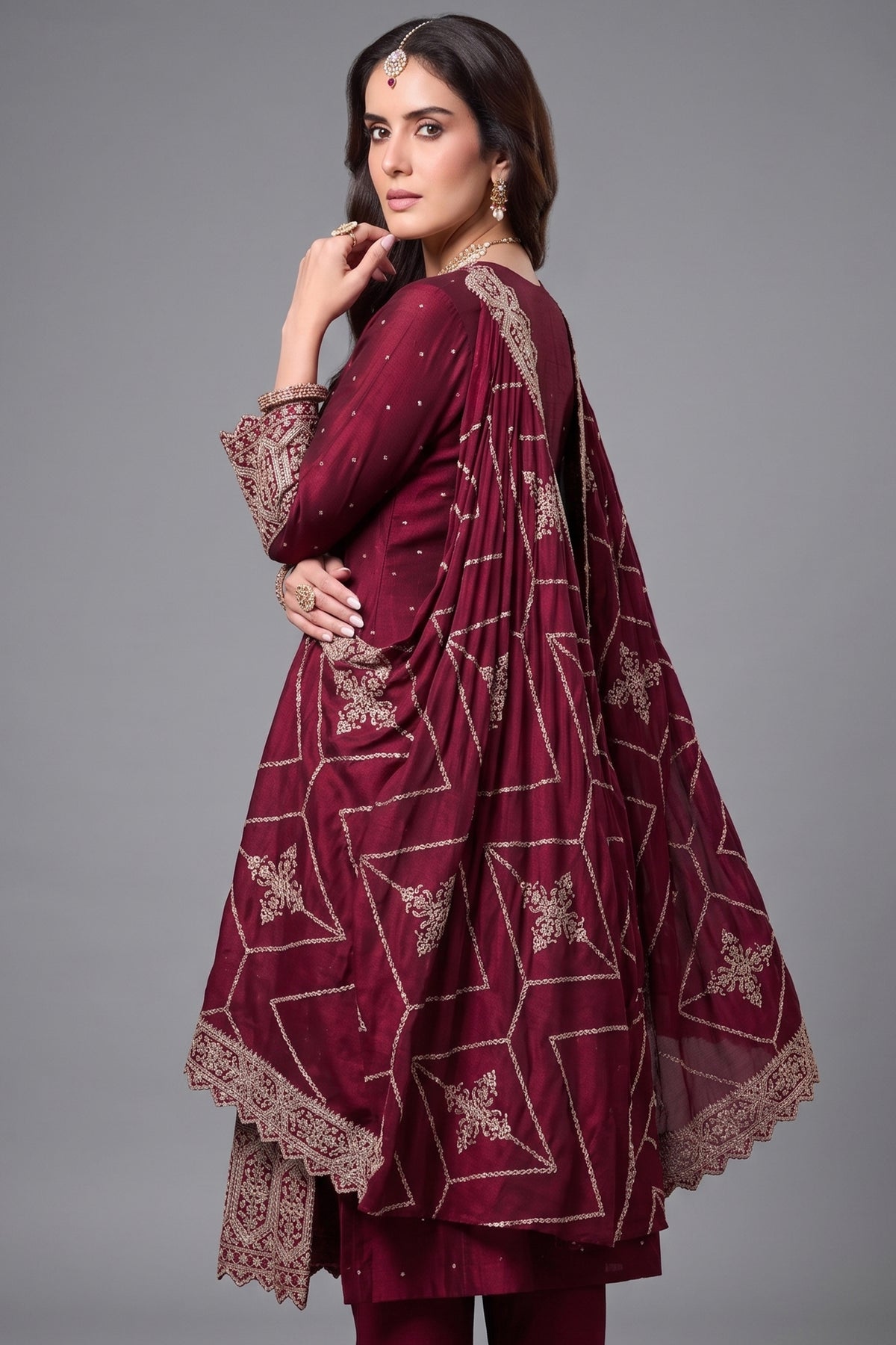 Dark Maroon Art Silk Sequin Embroidered Anarkali Suit