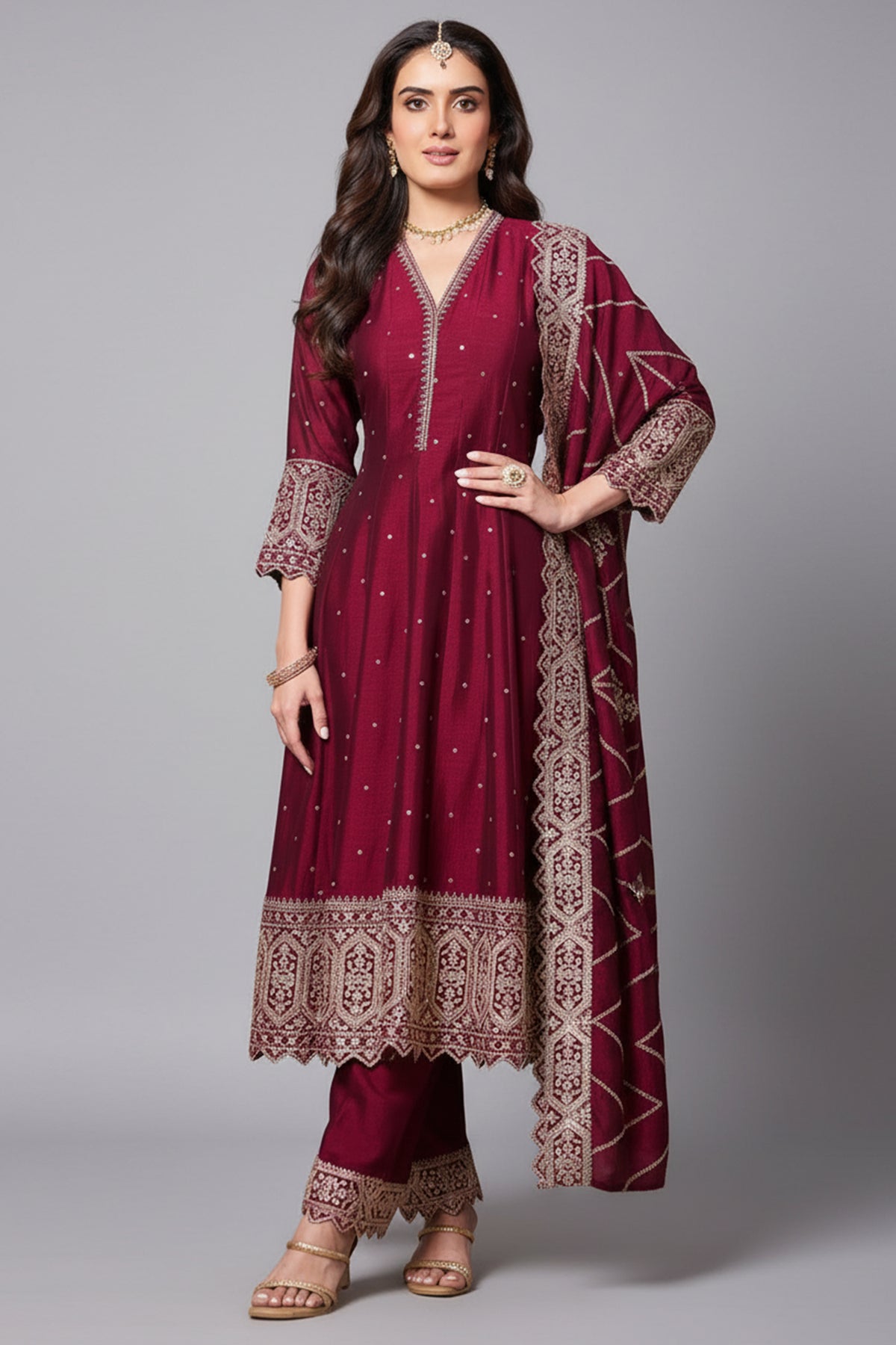 Dark Maroon Art Silk Sequin Embroidered Anarkali Suit
