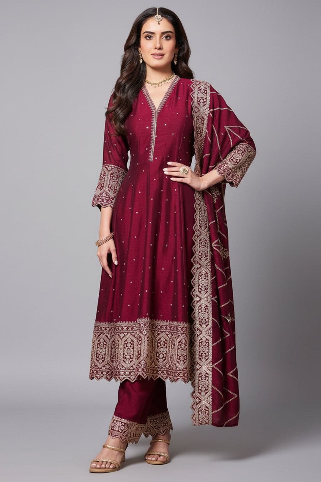 Dark Maroon Art Silk Sequin Embroidered Anarkali Suit