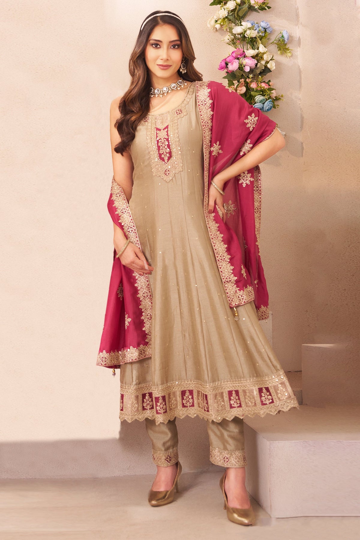 Beige Art Silk Anarkali Suit with Sequin Embroidery Work