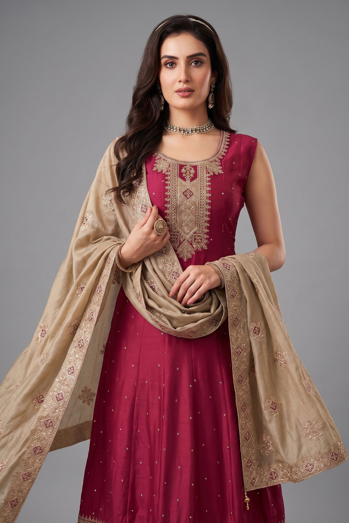 Carrot Pink Art Silk Anarkali Suit with Sequin Embroidery Work