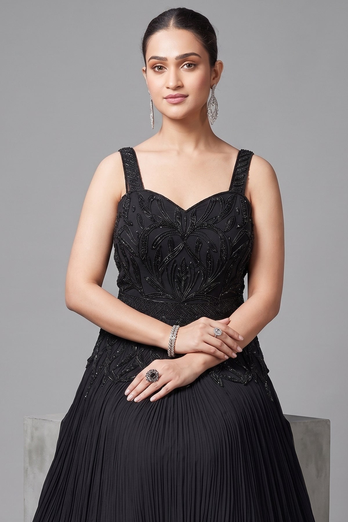 Black Georgette Cutdana and Beaded Gown