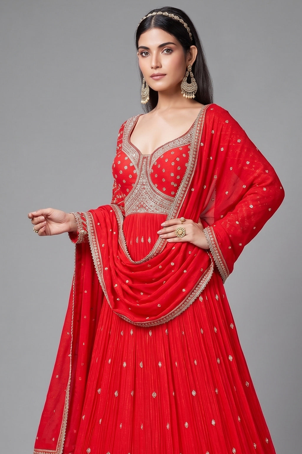 Red Chinon Anarkali Suit with Sequin and Mirror Work