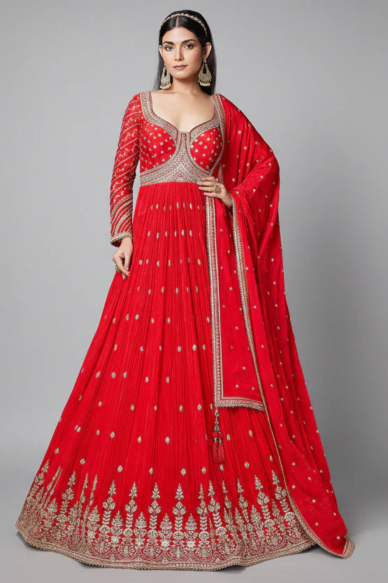 Red Chinon Anarkali Suit with Sequin and Mirror Work