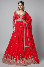 Red Chinon Anarkali Suit with Sequin and Mirror Work