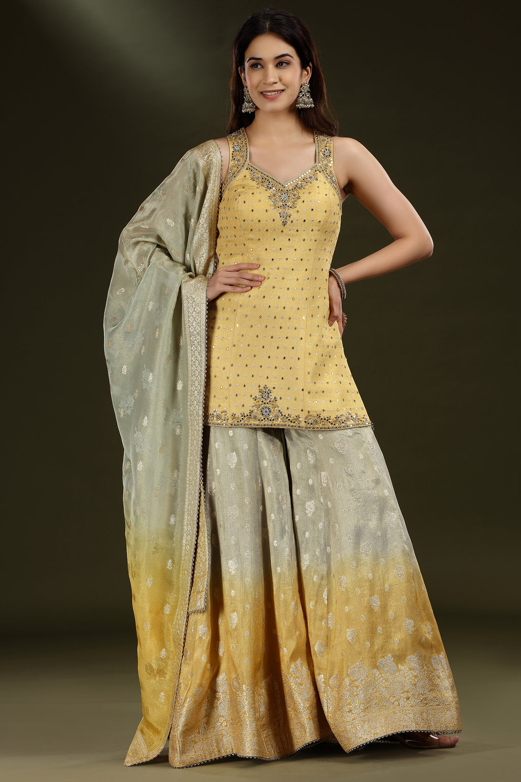 Yellow Tissue Mirror and Bead Worked Palazzo Suit