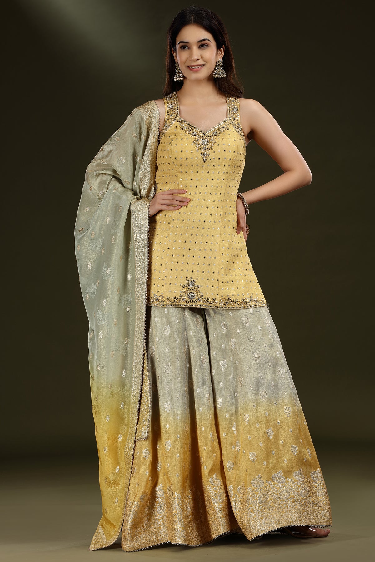 Yellow Tissue Mirror and Bead Worked Palazzo Suit