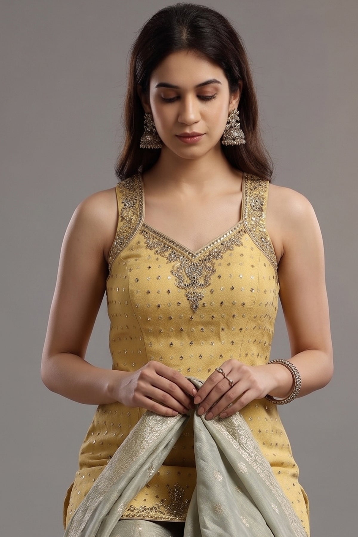 Yellow Tissue Mirror and Bead Worked Palazzo Suit