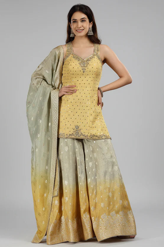 Yellow Tissue Mirror and Bead Worked Palazzo Suit