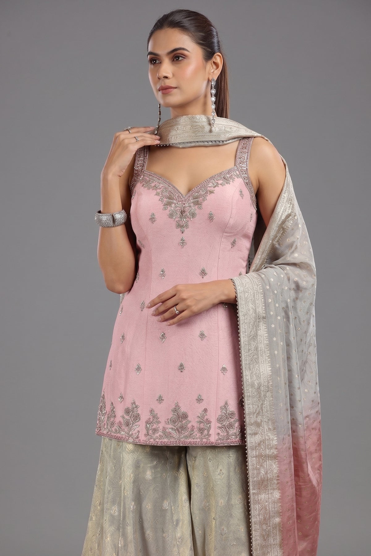 Light Pink Tissue Sequin and Mirror Worked Palazzo Suit