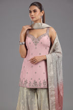Light Pink Tissue Sequin and Mirror Worked Palazzo Suit