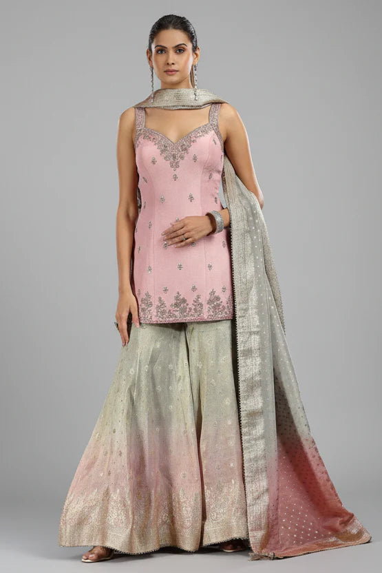 Light Pink Tissue Sequin and Mirror Worked Palazzo Suit