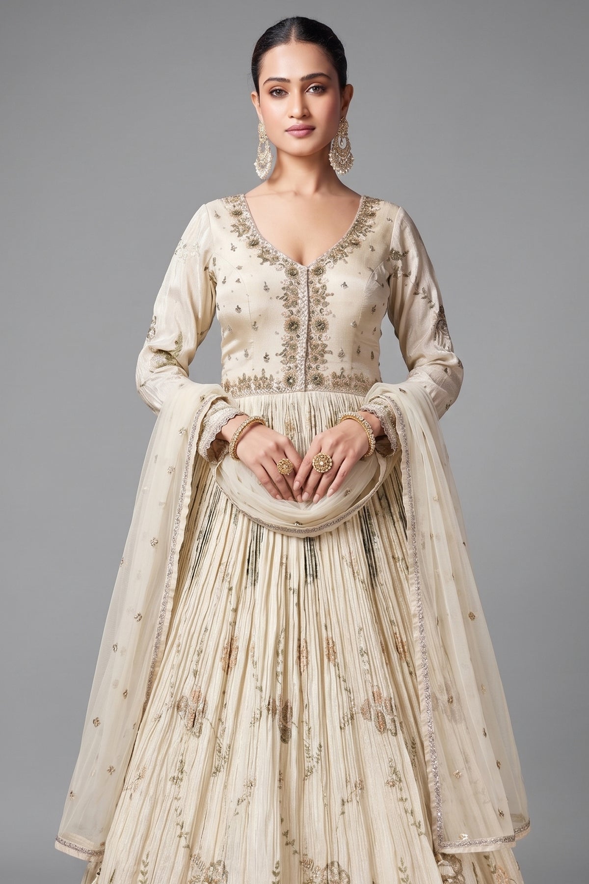 Cream Chinon Floral Embroidery and Sequin and Mirror Worked Anarkali Suit
