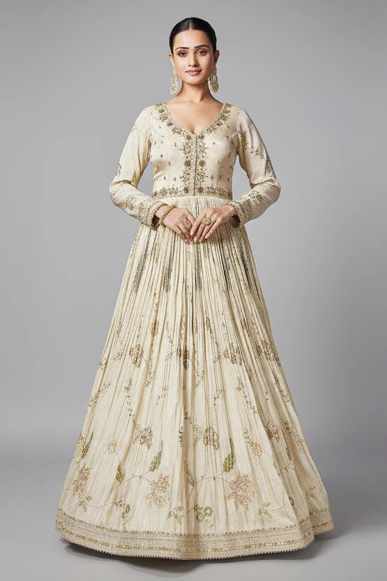 Cream Chinon Floral Embroidery and Sequin and Mirror Worked Anarkali Suit