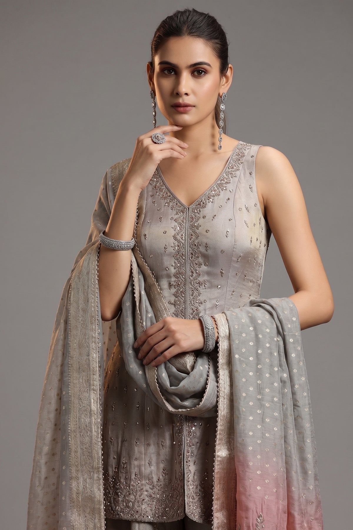 Grey Tissue Mirror and Cutdana Worked Palazzo Suit