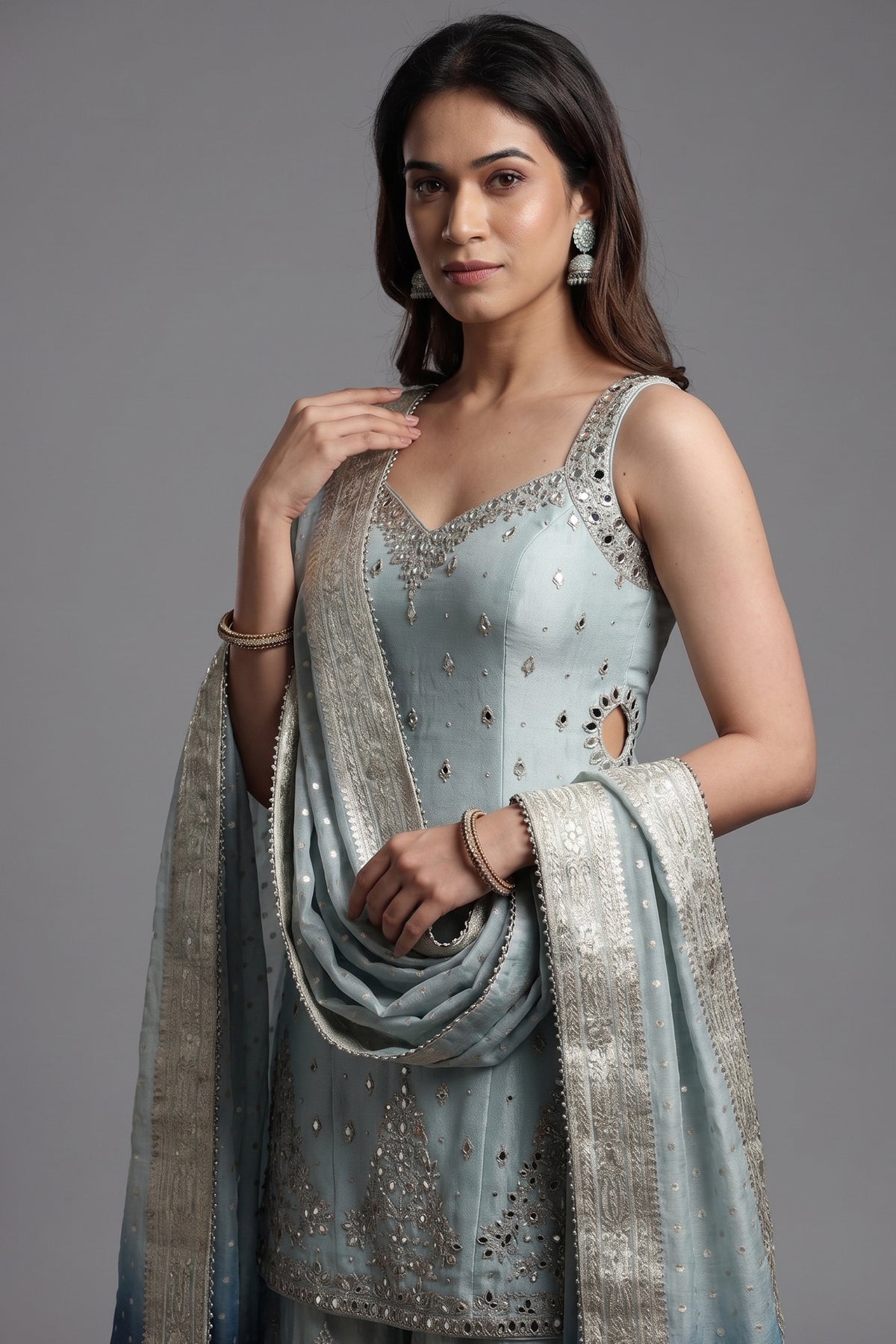 Light Blue Tissue Mirror Sequin and Cutdana Worked Palazzo Suit