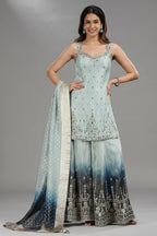 Light Blue Tissue Mirror Sequin and Cutdana Worked Palazzo Suit