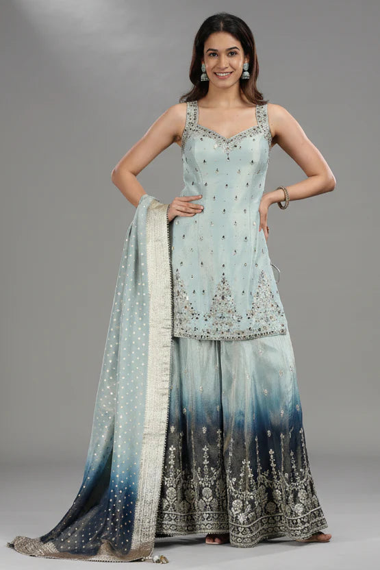 Light Blue Tissue Mirror Sequin and Cutdana Worked Palazzo Suit
