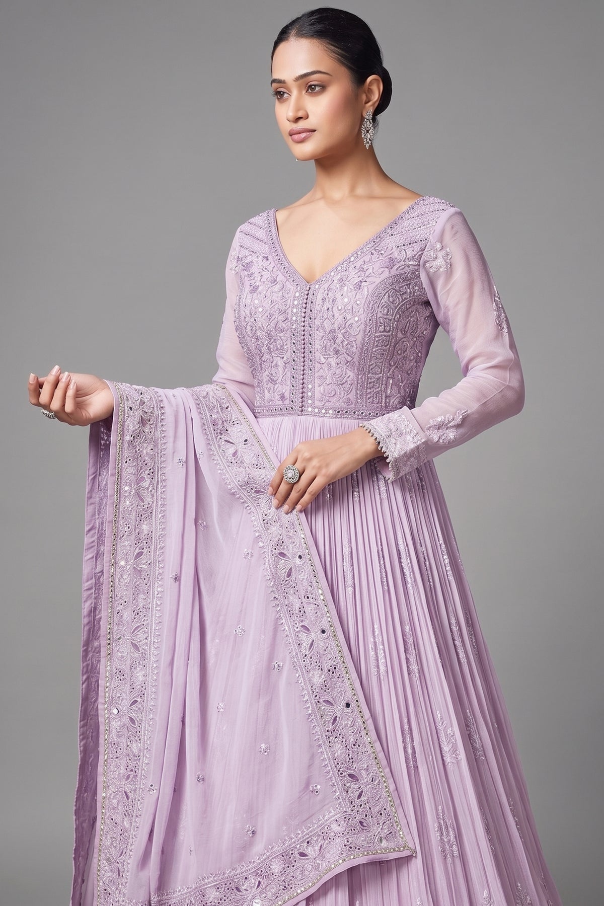 Lavender Purple Georgette Mirror and Sequin Bodice Anarkali Suit with Cutwork Floral Border