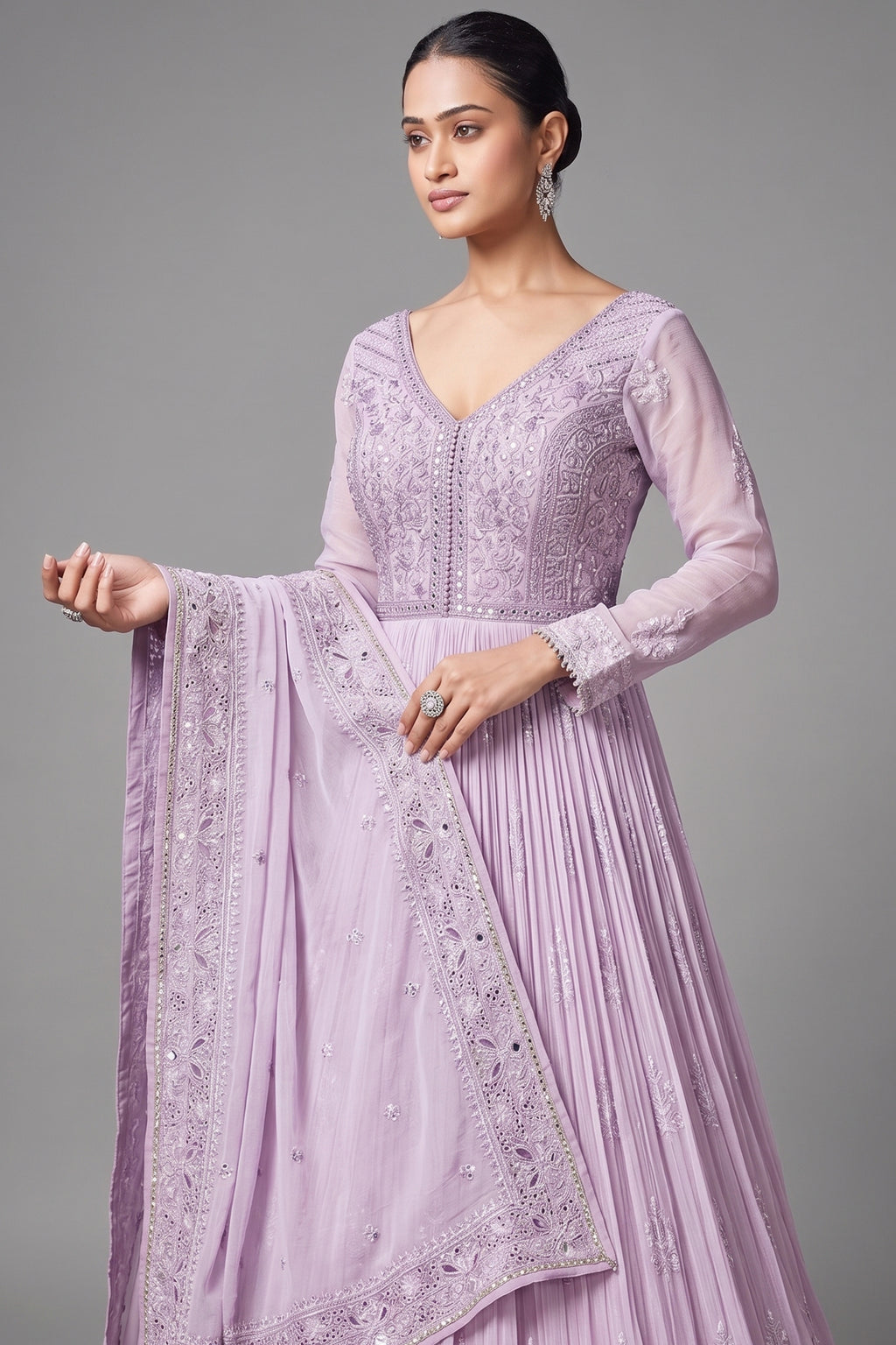 Lavender Purple Georgette Mirror and Sequin Bodice Anarkali Suit with Cutwork Floral Border