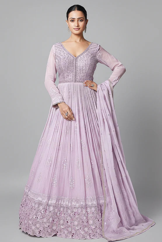 Lavender Purple Georgette Mirror and Sequin Bodice Anarkali Suit with Cutwork Floral Border