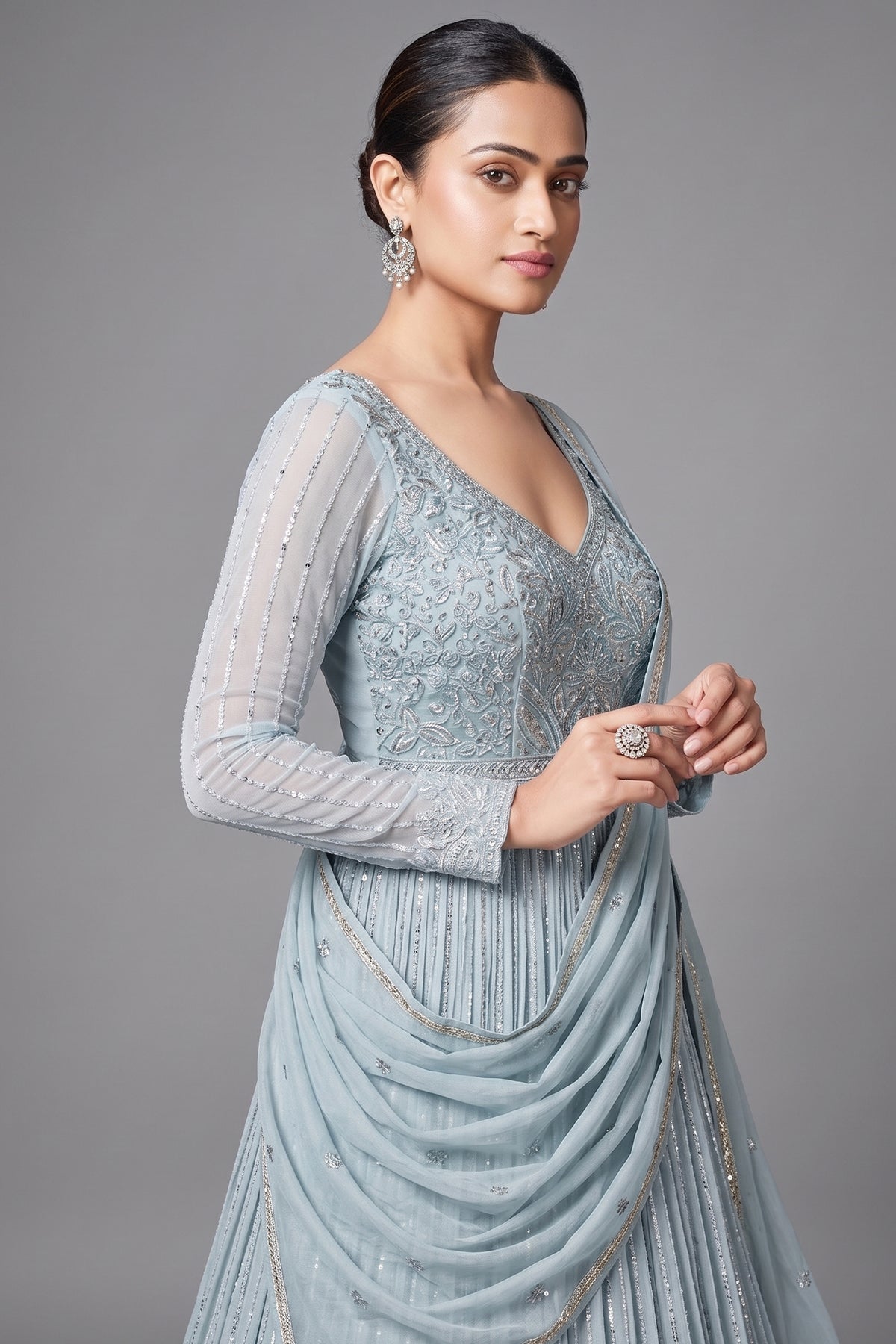 Mint Green Georgette Sequin Cutdana Bodice Anarkali Suit with Cutwork Floral Border