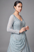 Mint Green Georgette Sequin Cutdana Bodice Anarkali Suit with Cutwork Floral Border