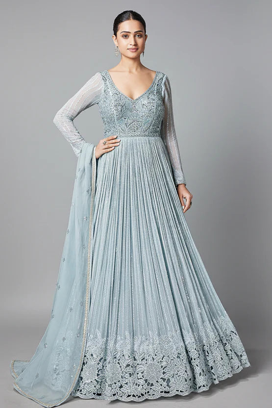 Mint Green Georgette Sequin Cutdana Bodice Anarkali Suit with Cutwork Floral Border
