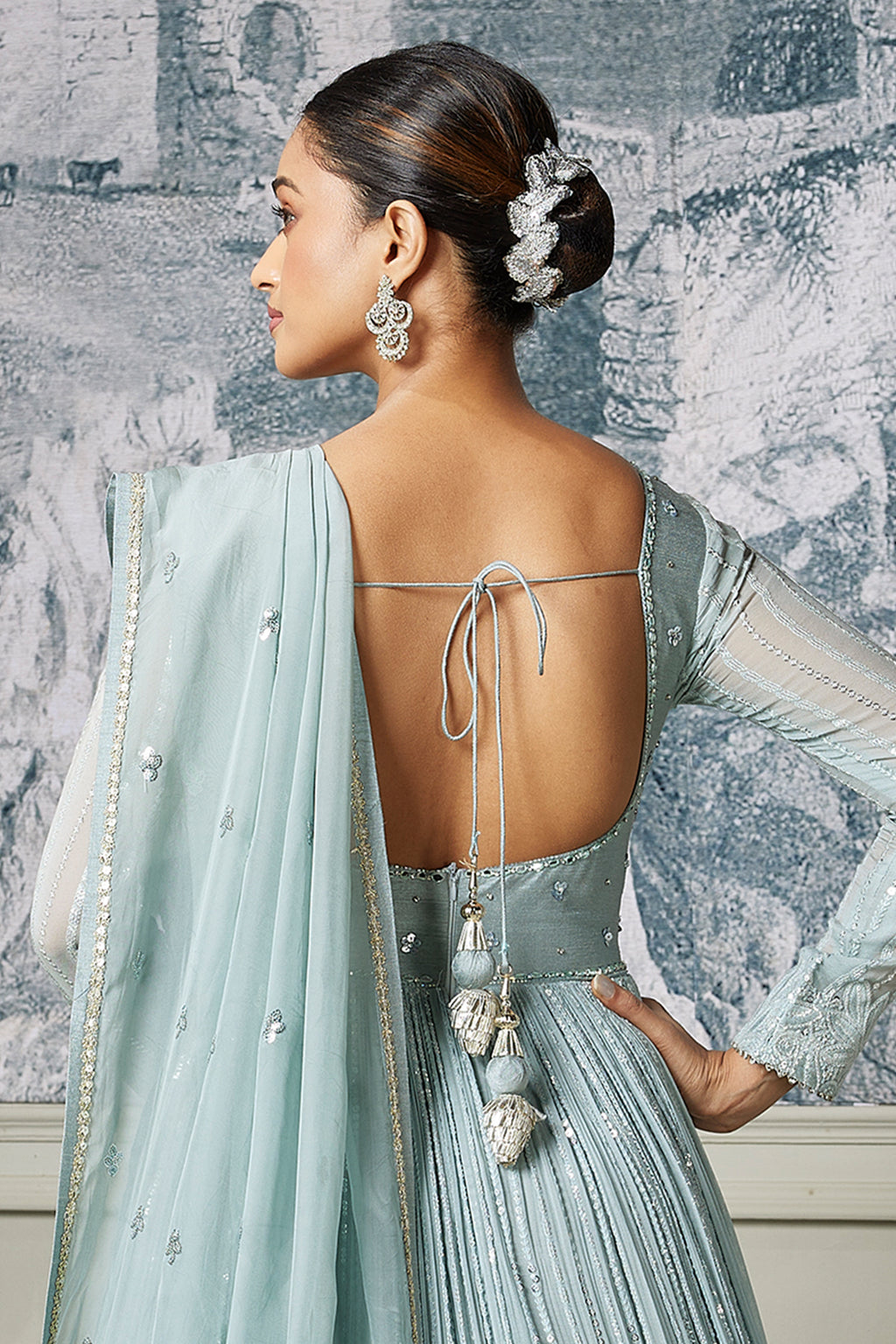 Mint Green Georgette Sequin Cutdana Bodice Anarkali Suit with Cutwork Floral Border