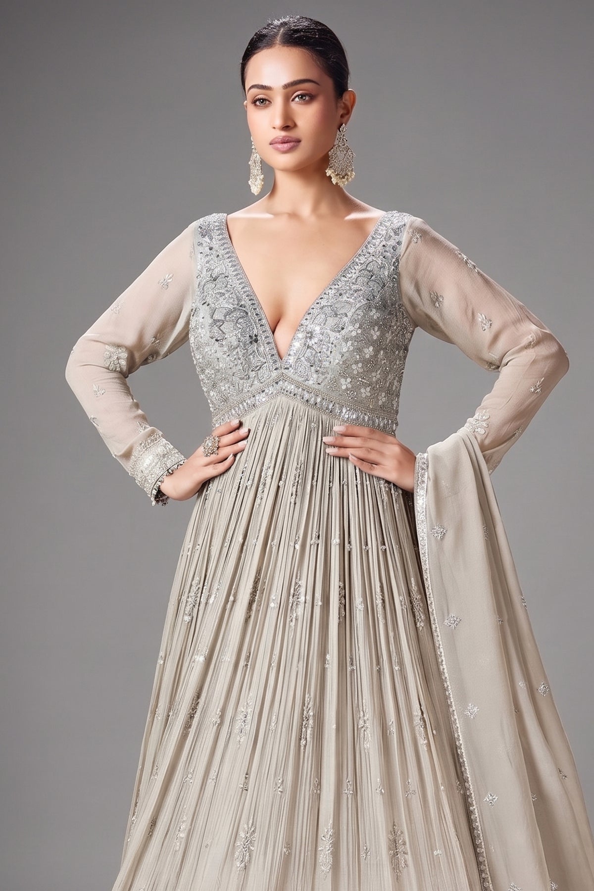 Silver Georgette Sequinned V Neck Anarkali Suit
