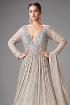 Silver Georgette Sequinned V Neck Anarkali Suit
