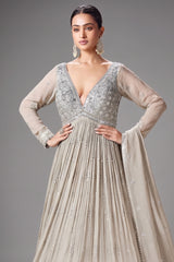Silver Georgette Sequinned V Neck Anarkali Suit